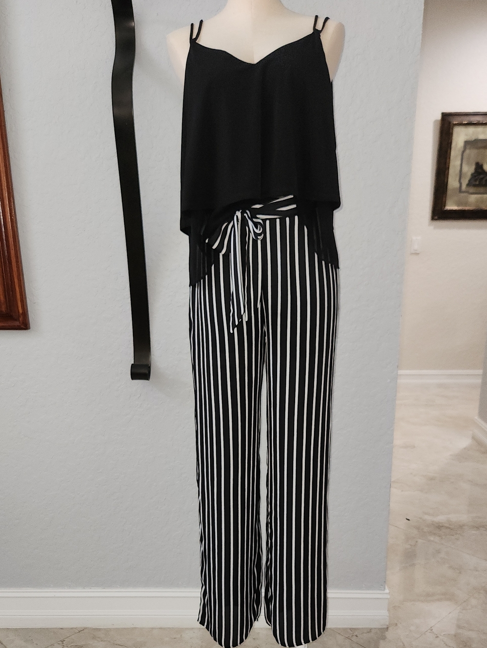 chic Black Camisole & Black-and-White Striped Wide-Leg Jumpsuit
